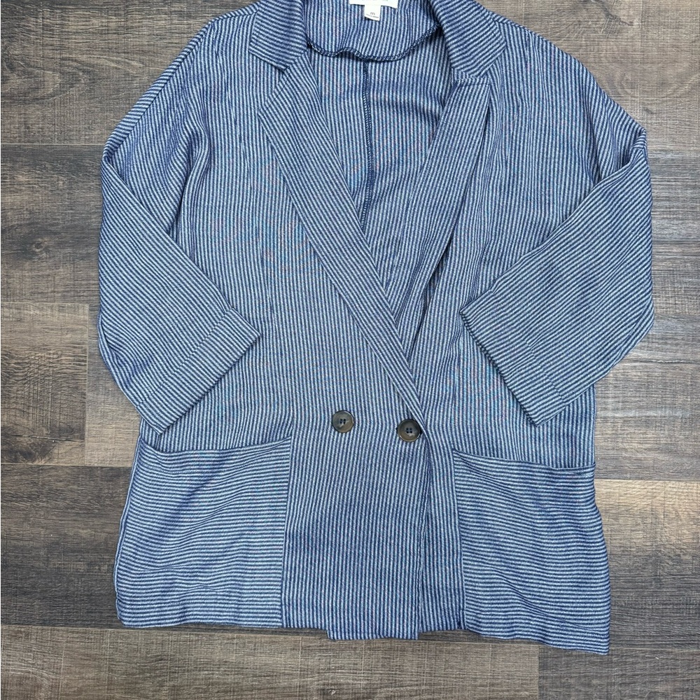 Fashion On Earth Blazer Size M Navy/light Blue Stripe 3/4 Sleeve Work Jacket